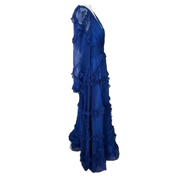Mac Duggal 68223 Cascaded Ruffle Bishop Puff Sleeve A Line Gown Blue Sz 10 NEW - Picture 7 of 9